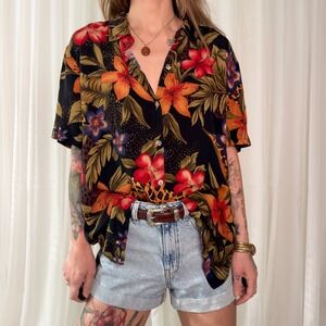 Tropical Button Up Shirt Hawaiian Floral Oversized Unisex Vacation Shirt L